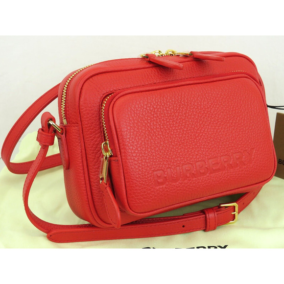 $1290 BURBERRY RED LOGO PEBBLE LEATHER ZIP CROSSBODY CAMERA BAG Made in Italy - Picture 1 of 14